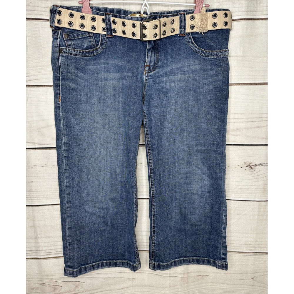 Roxy Capri Jeans Women Size 13 Blue Denim Cropped Pants with Grommet Belt